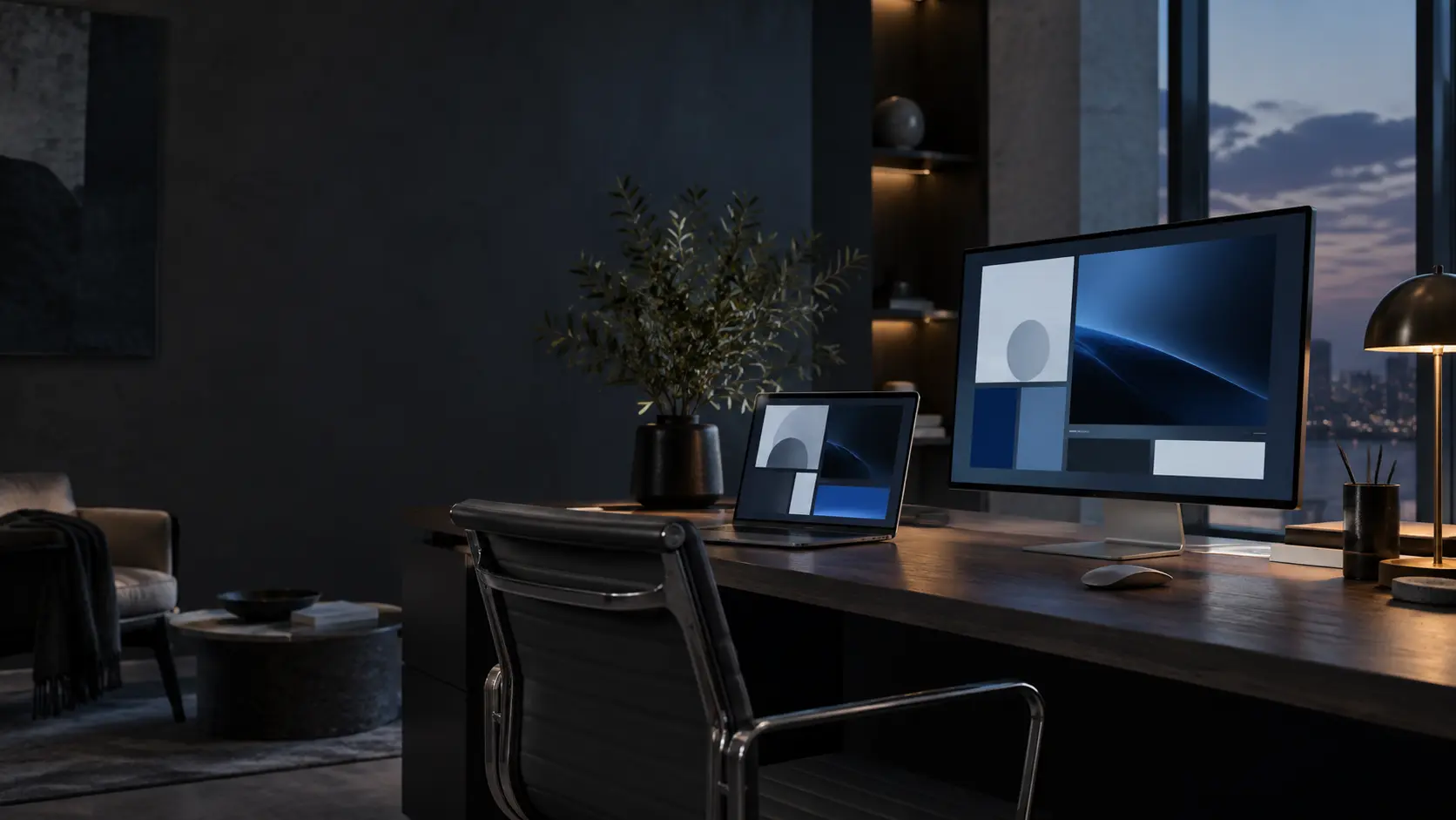 Modern web design workspace with desktop and laptop displays